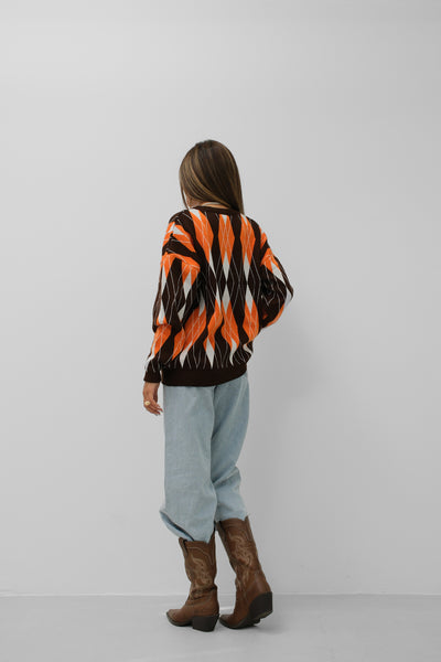 Oversize Langarm-Pullover mit Mehrfarbigem Diamantmuster!